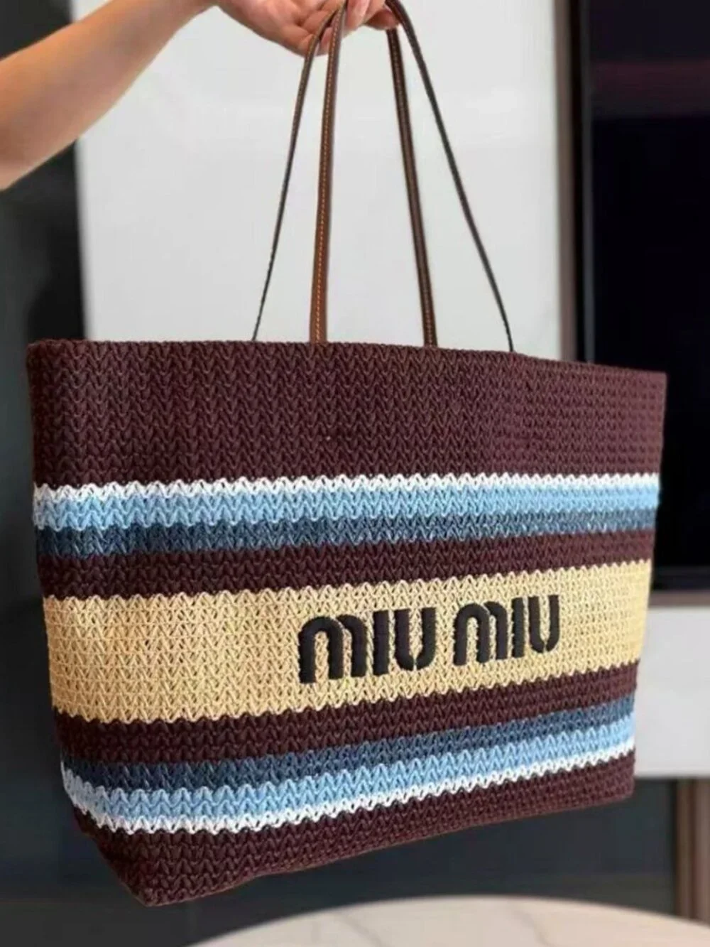 Miu Miu Striped Woven Raffia Tote Bag
